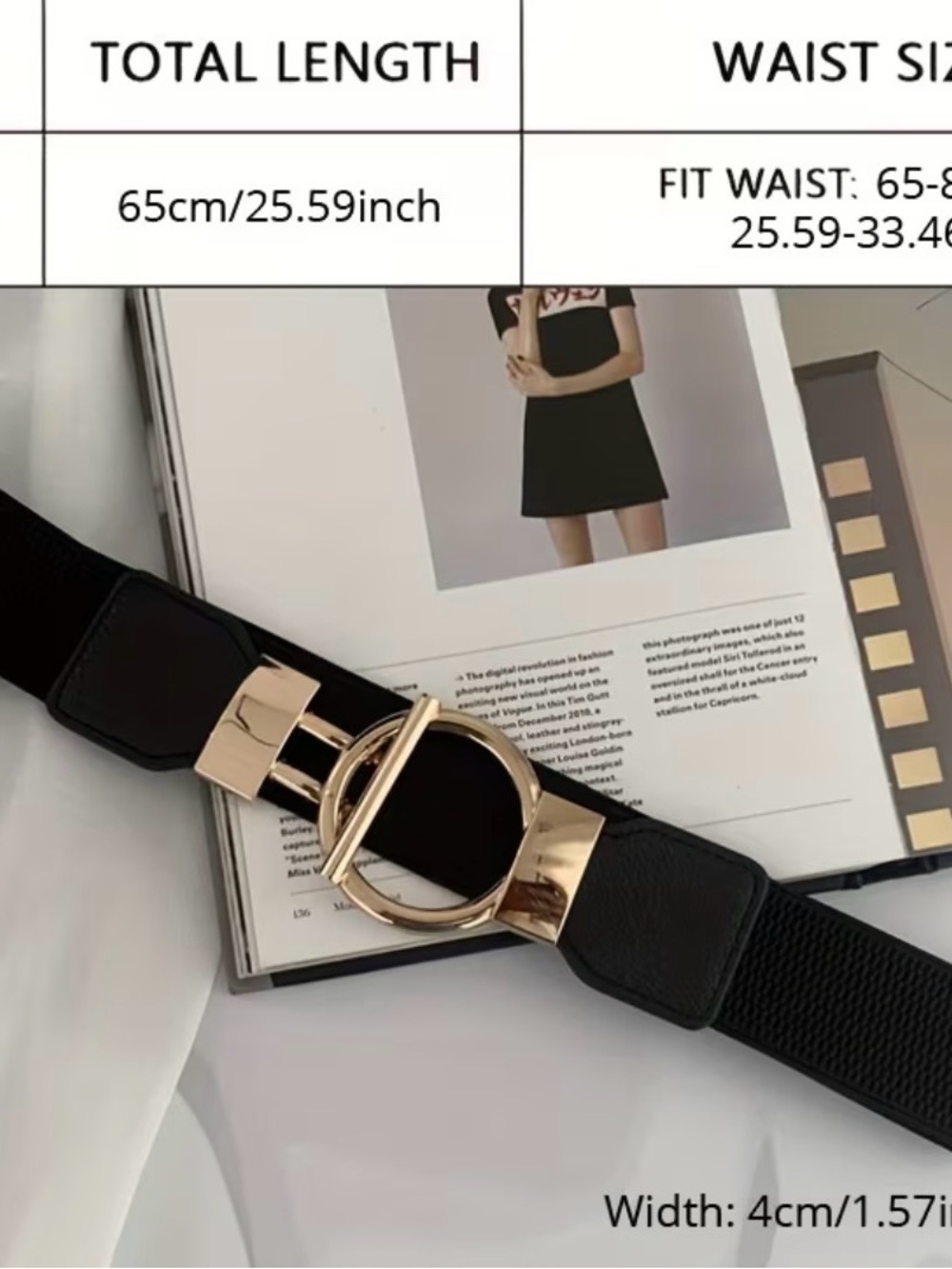 Elegant Black Elastic Belt with Gold Circle Toggle Buckle - Picture 2 of 2